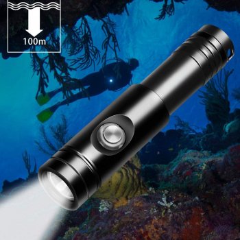 Scuba Diving Flashlight 3 Modes 1050 Lumen Underwater 100m Waterproof Scuba Lights with Battery Indicator, 2pcs 3000mAh 18650 Battery, Battery Charger Scuba Diving Flashlight 3 Modes 1050 Lumen Underwater 100m Waterproof Scuba Lights with Battery Indicator, 2pcs 3000mAh 18650 Battery, Battery Charger
